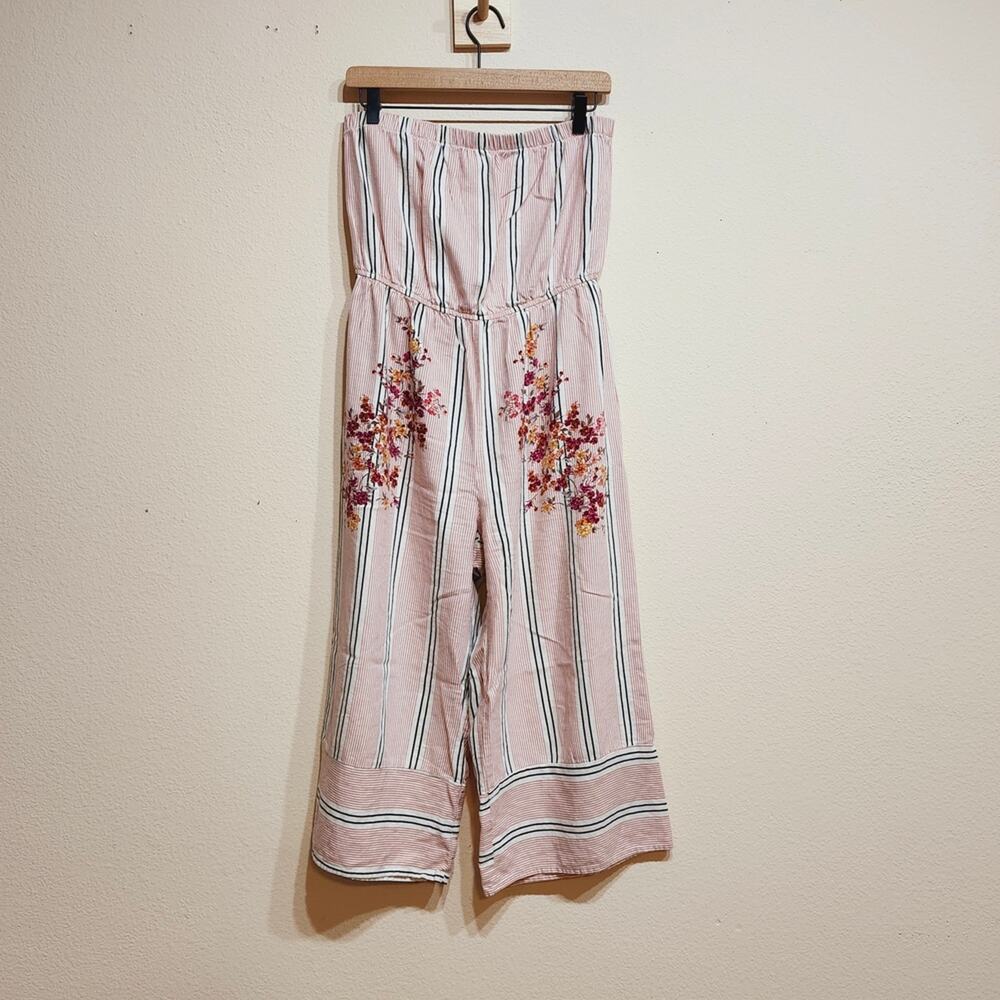 Linen Blend Floral/Striped Strapless Jumpsuit Size Large